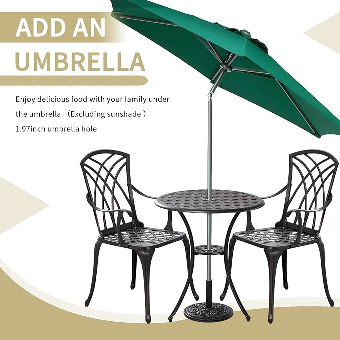3 Piece Patio Bistro Set Outdoor Bistro Table Set Anti Rust Bistro Table and Chairs w/Umbrella Hole, Durable Patio Set for Porch, Balcony