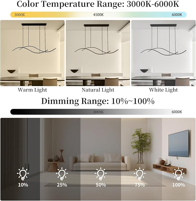 Modern Led Pendant Light, Dimmable Black Led Chandelier for Dining Room Light Fixture Over Table Creative Wave Pendant Light for Kitchen Island, Dining Room, Bedroom