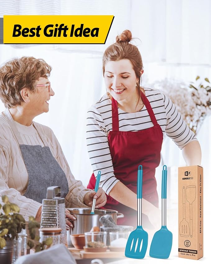 Pack of 2 Silicone Solid Turner, Non Stick Slotted Kitchen Spatulas, High Heat Resistant BPA Free Cooking Utensils, Ideal Cookware for Fish, Eggs, Pancakes(Blue)