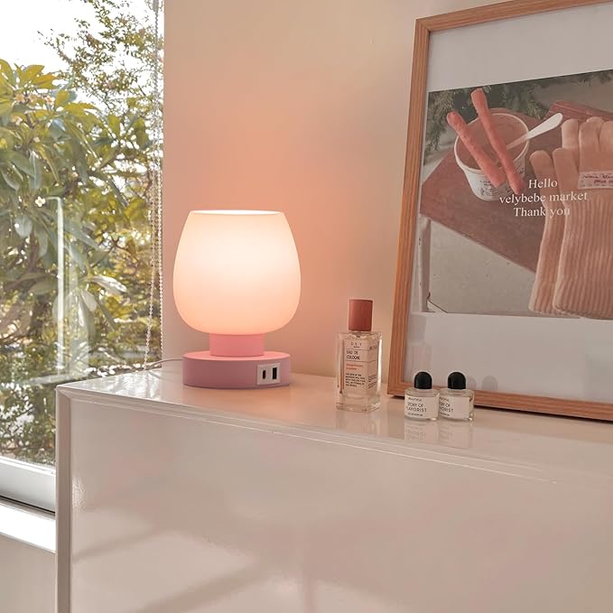 ONEWISH Pink Touch Table Lamp with USB Charging - 3 Way Dimmable Small Lamp for Bedroom, Warm LED Bulb Included, 2 Packs