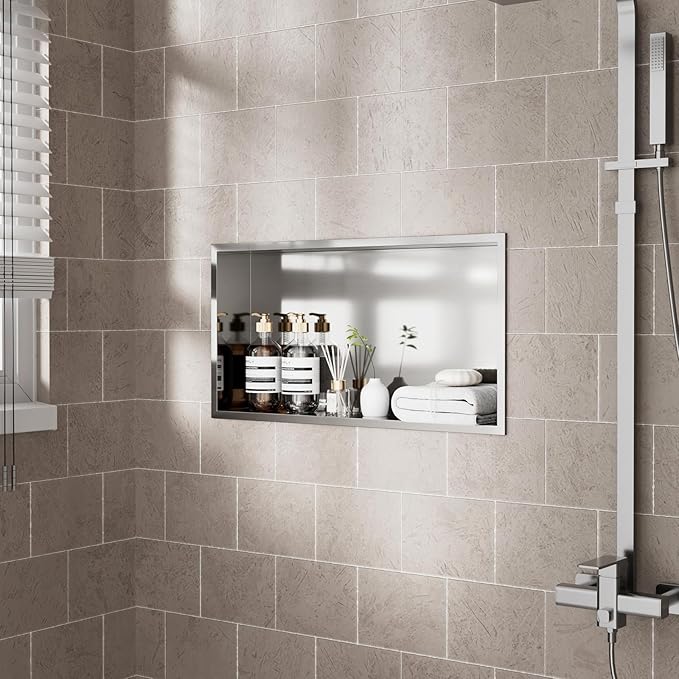 POPFLY 24X12 Inch Shower Niche Shelf, Brushed Nickel Shower Niche Stainless Steel, No Tile Needed Bathroom Storage Shelfs Recessed Wall Niche