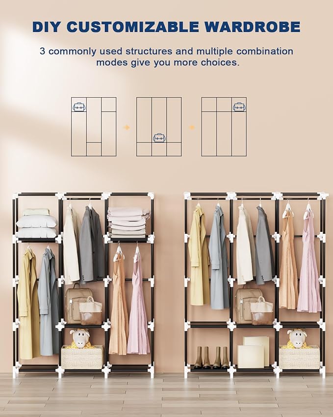 Mavivegue Portable Closet, Wardrobe Closet Organizer with Cover, 3 Hanging Rods and Shelves,Large Capacity for Bedroom, Living Room (Black, 50" W x 17" D x 64" H)