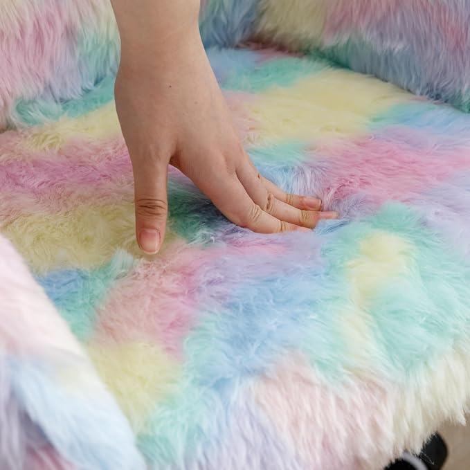 Kids Desk Chair Faux Fur Upholstered Swivel Reading Chair, Cute Adjustable Study Chair with White Wheels for Reading Room Bedroom, Rainbow Color