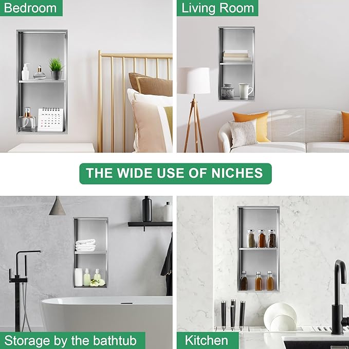 SaniteModar Shower Niche, Stainless Steel Shower Niche 12" X 24" No Tile Needed, Recessed for Bathroom Storage, Brushed Silver Double (Brushed Silver, 12x24,Double)