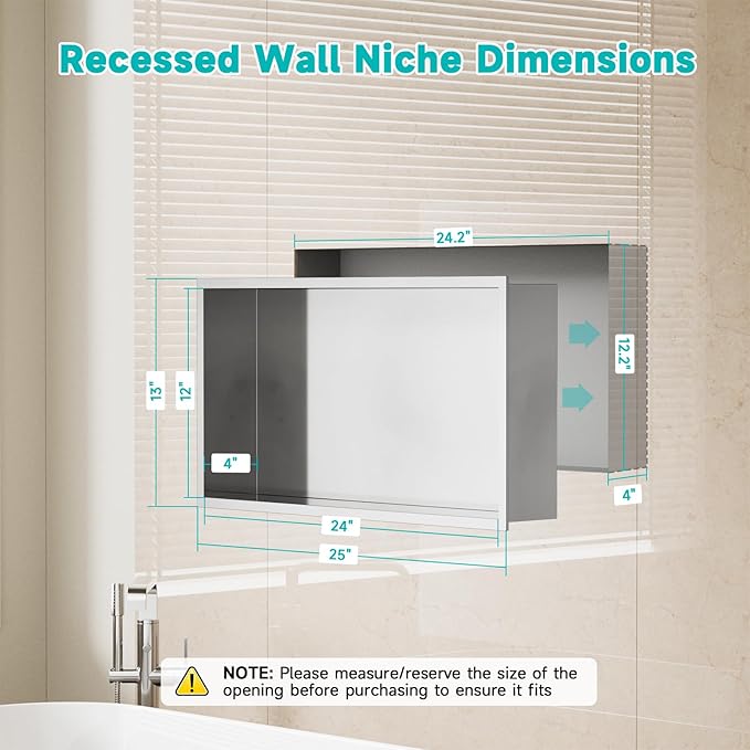 Stainless Steel Shower Niche 12" x 24" Recessed Wall Niche, No Tile Needed, Waterproof & Rustproof Bathroom Storage Shelf (Brushed Nickel)