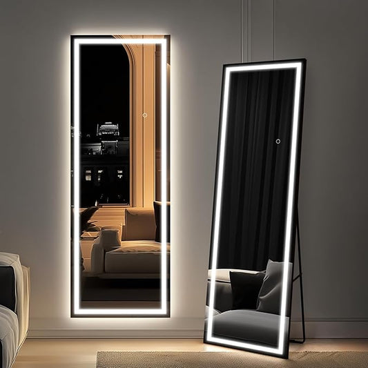 65x24 Full Length Mirror, Dimmable 3 Color LED Light w/Light Memory, Distortion Free Silver Coating Mirror, HD Reflection &Anti Desilvering,Tempered Glass &Shatter Proof Film Doubles Safety