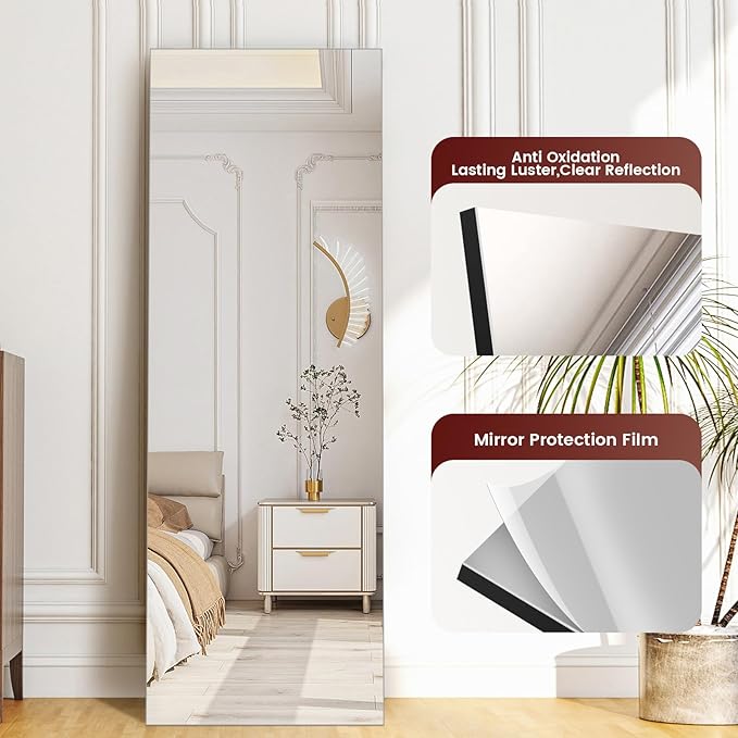 56x18 Frameless Full Length Silver Coating Mirror w/Distortion Free, HD Reflection &Anti Desilvering, Tempered Glass & Shatter Proof Film Doubling Safety, Easy Setup w/Stand, Wall/Standing