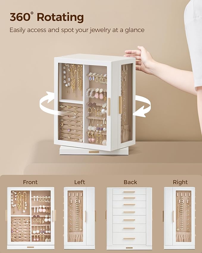 360° Rotating Jewelry Box with 7 Drawers, Spacious Vertical Jewelry Organizer with Glass Window, Jewelry Storage Case, Dustproof & Moisture-resistant Design, White