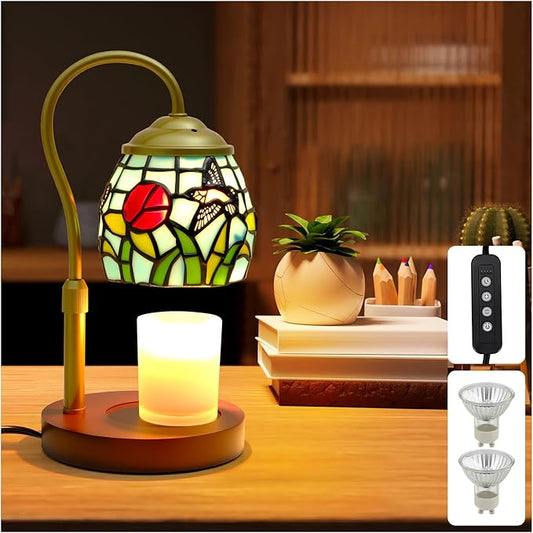 Candle Warmer Lamp with Timer Dimmer, Adjustable Height Candle Warmer for Jar Candles, Birthday Gifts for Women New Home Bedroom Decor Tiffany Hummingbird Style Stained Glass with 2 Bulbs