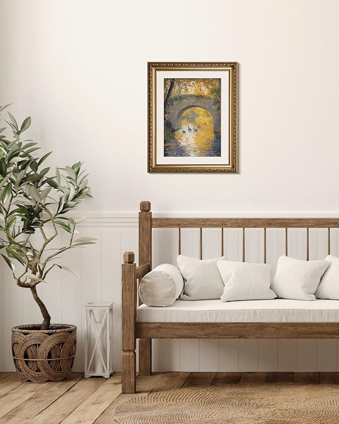 VIYYIEA Gold Framed Wall Art, Stone Bridge Canvas Print Home Decor Vintage Art Painting Picture Bathroom Wall Decor, Landscape Artwork for Living Room Bedroom Kitchen Office - 16L x 13W