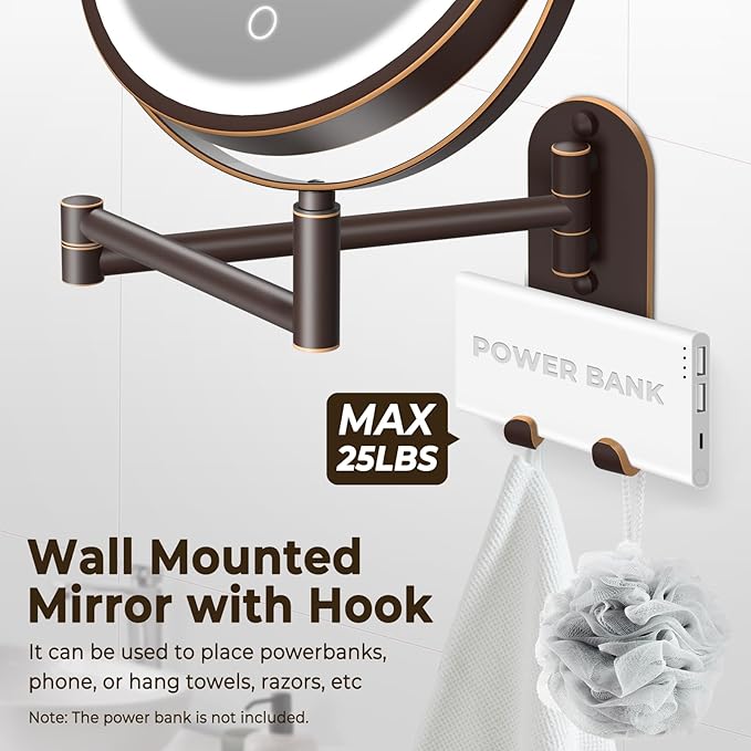 8" Wall Mounted Lighted Makeup Mirror, 3000mAh Rechargeable Double Sided 1X/10X Magnifying Mirror with Hook, 3 Color Lights Touch Dimmable 360° Rotation Vanity Mirror for Bathroom (Antique Bronze)