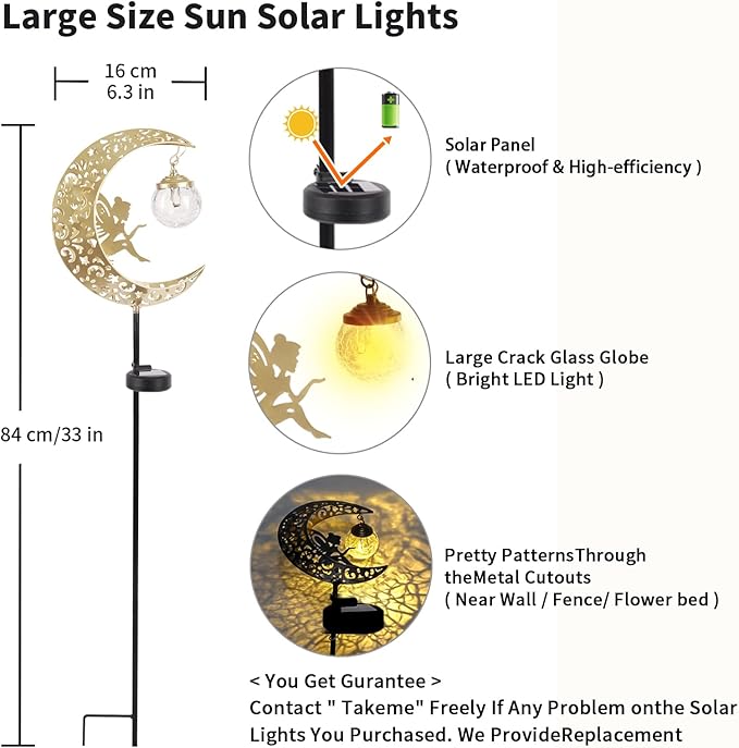 Solar Lights Outdoor Waterproof Fairy Moon Crackle Glass Lights with Metal Angel Decor for Walkway Yard Patio or Garden Gifts for Mom Grandma Friends