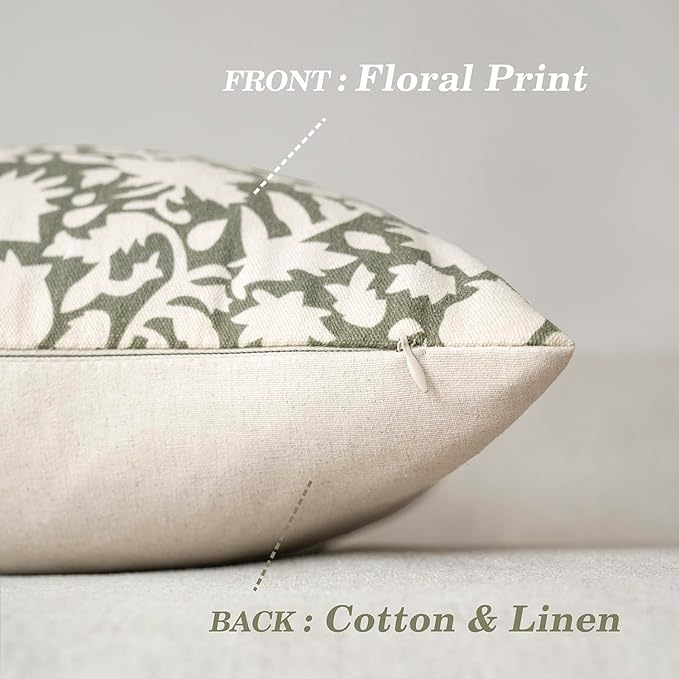 Foindtower Set of 2 Decorative Neutral Floral Throw Pillow Covers Accent Farmhouse Cushion Covers Boho Vintage Pillowcase for Couch Sofa Bedroom Living Room Home Decor Outdoor,18×18 Inch,Sage Green