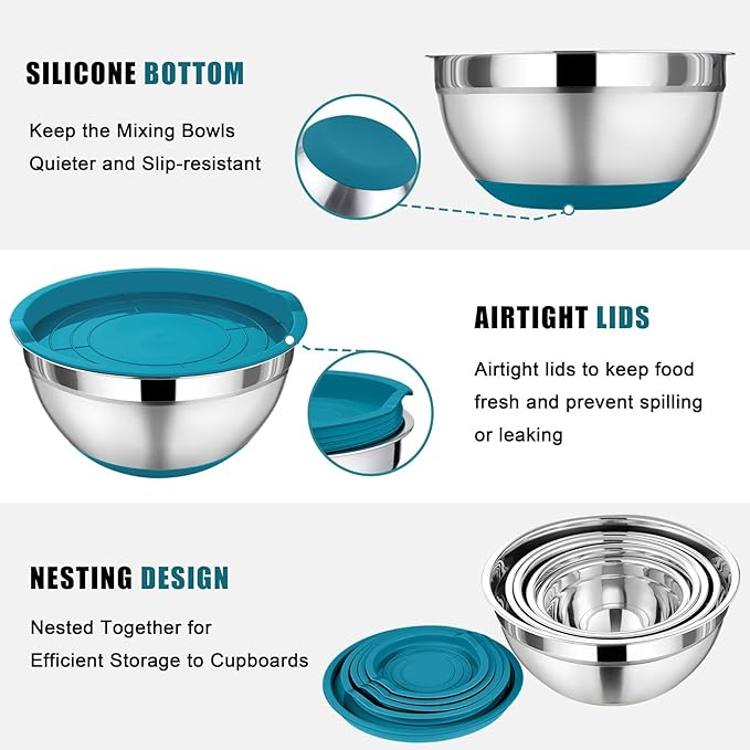 P&P CHEF Mixing Bowl with Lid Set, 5 Piece Stainless Steel Mixing Nesting Bowls for Salad Storage, 3 Grater Attachments & Non-Slip Bottoms, Size 1/1.5/2 / 2.6/4.6 QT, Blue