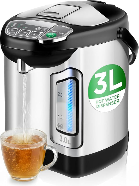 NutriChef Electric Water Boiler and Warmer - 3L/3.17 Qt Stainless Steel Electric Hot Water Dispenser w/Rotating Base, Auto Shut Off, Safety Lock, Instant Heating for Coffee & Tea (NCHUB13)