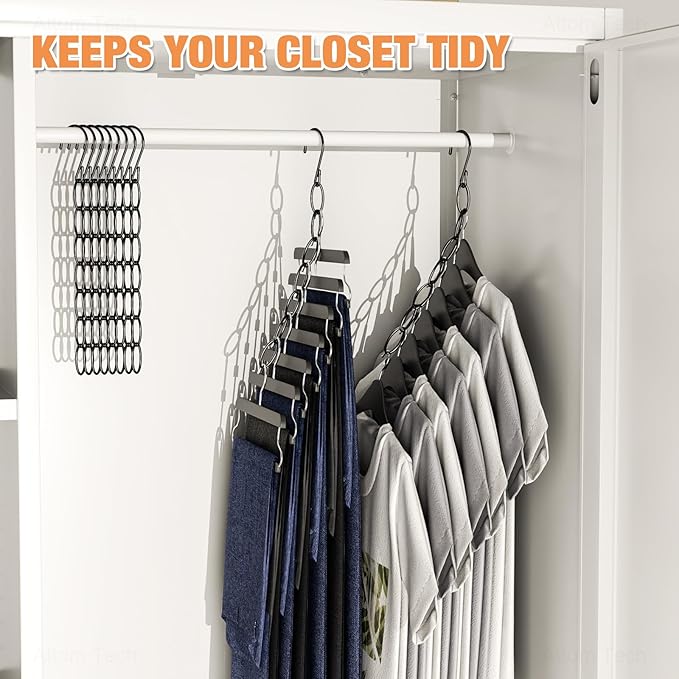 NiHome Clothing Chain Hangers 10-Pack for Home, Office & Travel, Metal Closet Organizer Space Saving Hangers with Safety Cap for All Garment Types, Wrinkle-Reducing 7-Loop Retractable Design (Black)