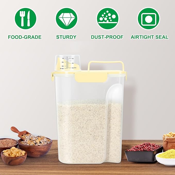 TBMax Airtight Rice Container 10 Lbs, Cereal Dispenser, Travel Pet Cat Dog Food Storage Container, Plastic Kitchen Pantry Food Storage Holder with Cup -Light Yellow