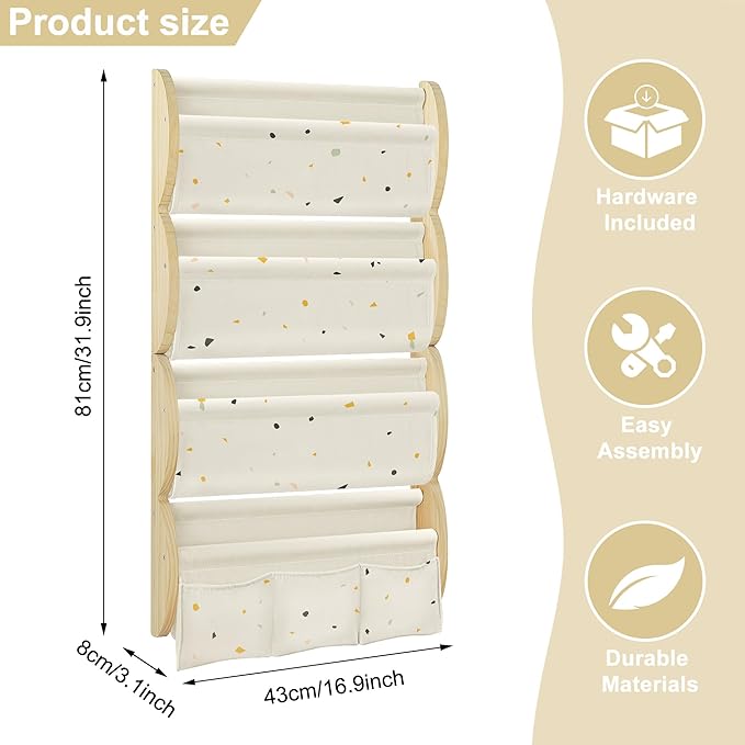 Wooden Wall Mounted Bookshelf for Kids Rooms, 4 Tier Floating Nursery Book Shelf, Kids Bookshelf with 2 Pockets, Toddler Sling Book Rack with Deep Sleeves (Terrazzo)