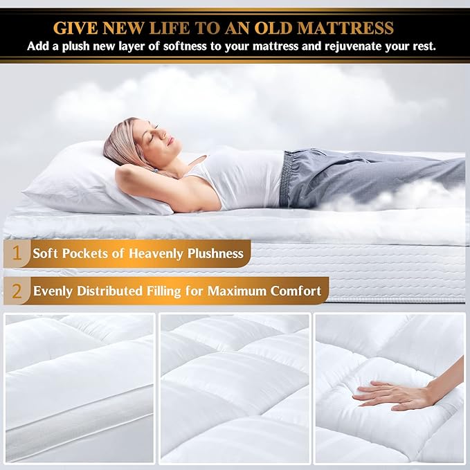 Plush Extra Thick Full XL Pillow Top Mattress Topper, Extra Long 54x80 Soft & Cooling Bed Topper for Firm Mattress with 100% Cotton Fabric, Overfilled with Fiber Mattress Pad, Fit to 6”-22” Mattress.
