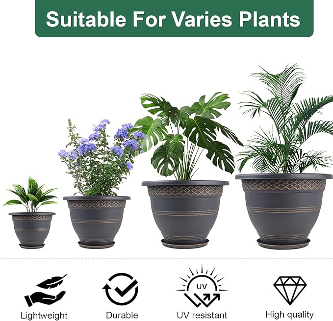 6 Pack 8 Inch Plant Pots, Plastic Flower Pot for Indoor & Outdoor with Drainage Holes & Saucer, Plaid Pattern Planters Garden Pots for Herbs