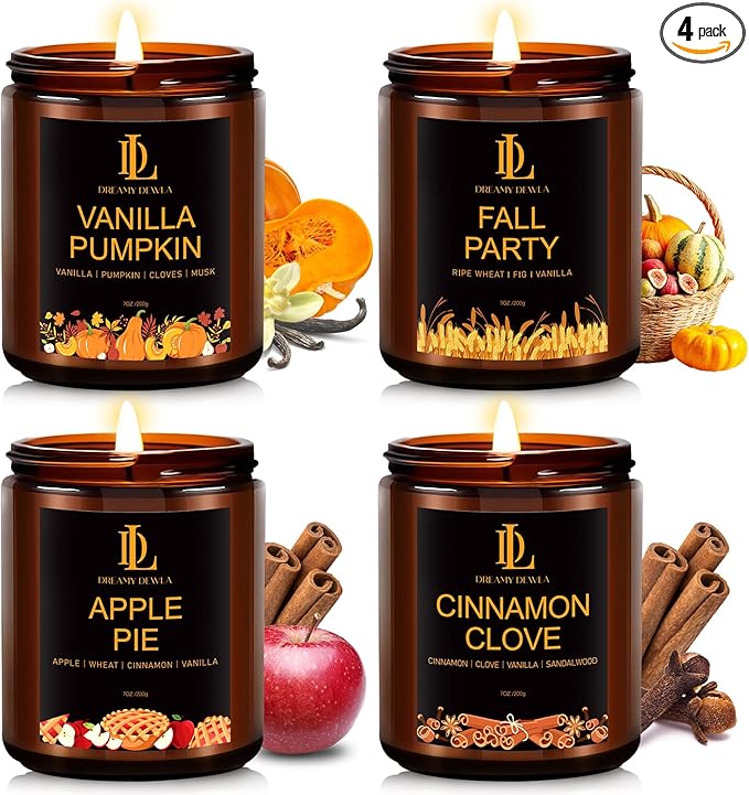 Fall Candle Set, Fall Scented Candles for Home, 4 Pack Soy Candle Set, Autumn Gifts for Women Men, Autumn Scents of Vanilla Pumpkin/Cinnamon Clove/Apple Pie/Fall Party