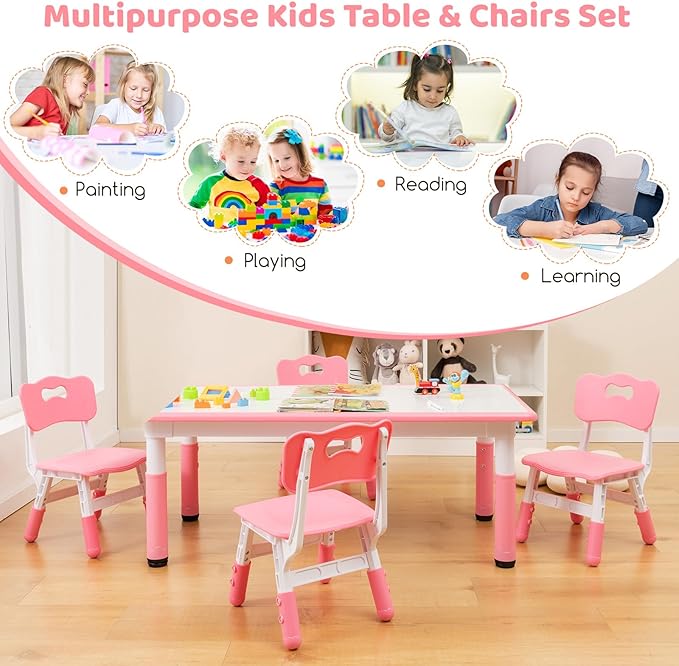 Costzon Kids Table and 4 Chair Set, Height Adjustable Toddler Desk and Chairs with Graffiti Desktop, Non-Slip Legs, Children Art Study Multi-Activity Table Set for Home, Daycare, School (Pink)