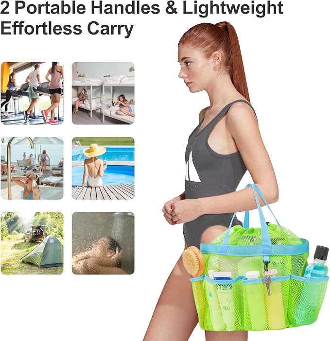 F-color Mesh Shower Caddy Portable with Drawstring - Upgrade Deeper 7 Pockets Dorm Room Essentials for Guys Girls with S Hook, Shower Bag Basket Tote for College Camping Toiletry Bathroom, Green