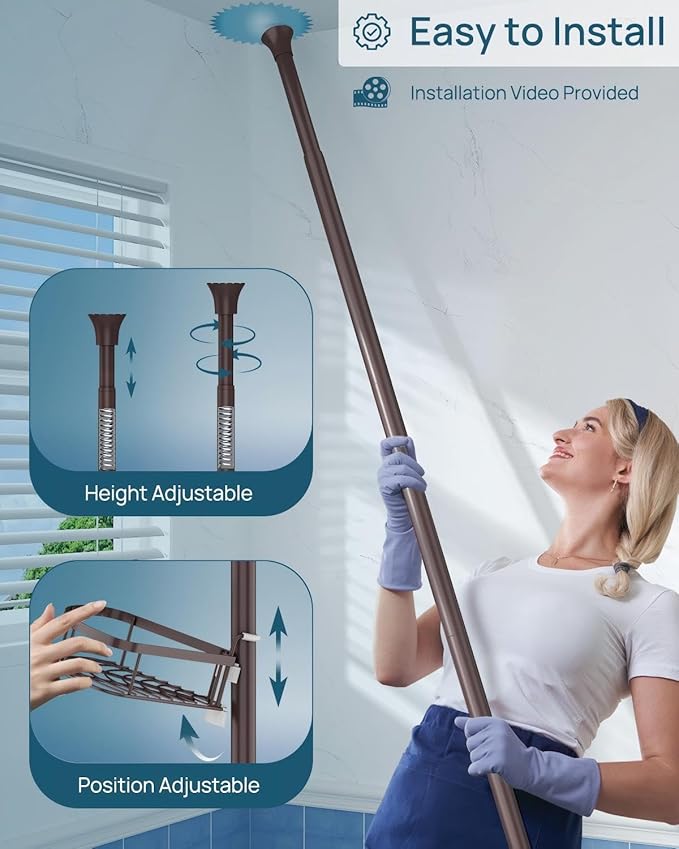 SEIRIONE Rustproof Shower Corner Caddy Organizer for Bathroom,Tension Pole with 4 Baskets, for Bathtub Storage Rack, 34 to 116 Inch Height, Bronze