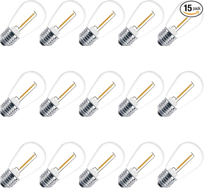 S14 LED String Light Bulbs, Shatterproof Outdoor String Replacement Light Bulbs, 1 Watt LED Edison Bulbs Equal to 11W Incandescent, 2200K Warm White, E26 Medium Base, 15 Pack