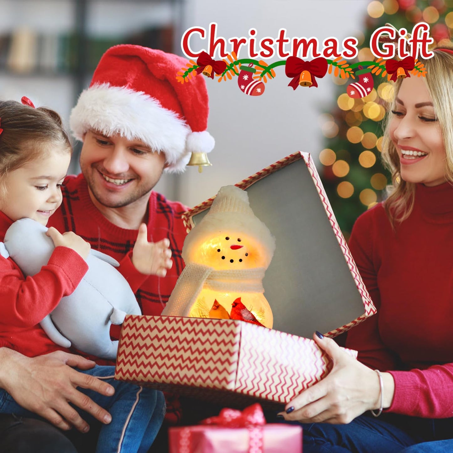 VCUTEKA Crackle Glass Snowman Lamp, Lighted Stained Glass Christmas Decoration with Red Cardinals, White Scarf and Hat, LED Holiday Night Light for Xmas Home Décor or Gift