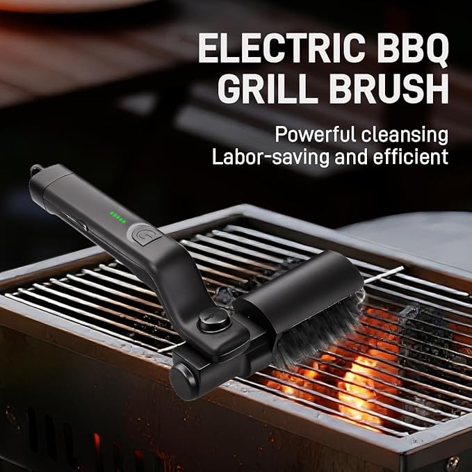 Automatic Electric Grill Cleaner - Rechargeable BBQ Brush w/Stainless Steel Head & Abrasive Replacement, Outdoor Grill Scraper Tool (Black)