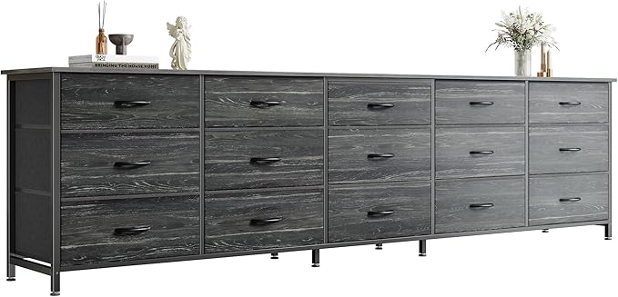 Huuger 78.7 inch Long Dresser for Bedroom, 15 Drawer Fabric Dresser for Closet, Large TV Stand for 65, 75, 85 inch TV, Wide Chest of Drawer with Storage, 78.7" W x 12.9" D x 26.7" H, Charcoal Black