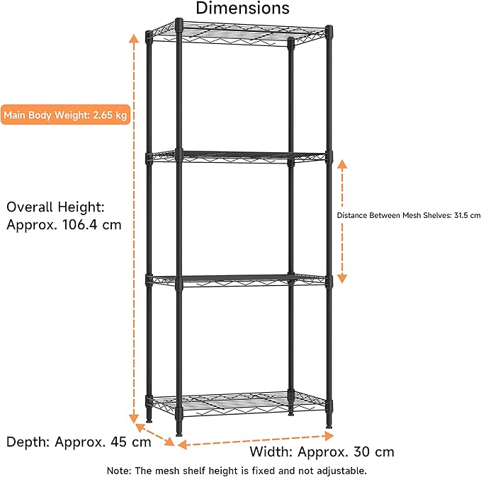 IZEUK 4 Tier Metal Wire Shelf Unit, Black Storage Rack Organizer for Kitchen, Bedroom, Living Room or Laundry Room, 17.7" W x 11.8" D x 41.9" H
