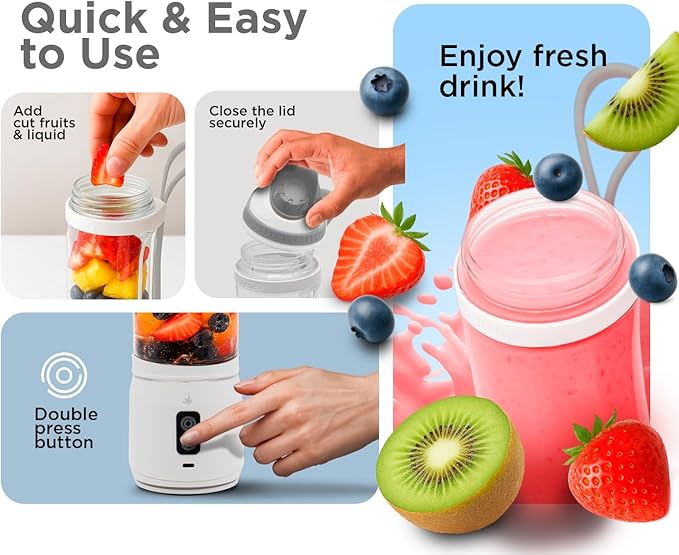 Rechargeable Smoothie Blender 700ml – Portable Mini Travel Blender for Shakes and Smoothies with Six Stainless Steel Blades and USB Charging (White and Gray)