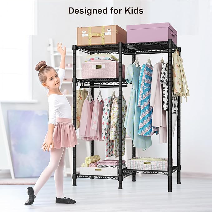 Ulif F1 Garment Rack for Kids, Baby, Students, and Children's Room, 4 Tiers Freestanding and Portable Heavy Duty Closets, Small Metal Clothes Rack with 2 Hanging Rod, 31.2" W x 11.8" D x 48" H, Black