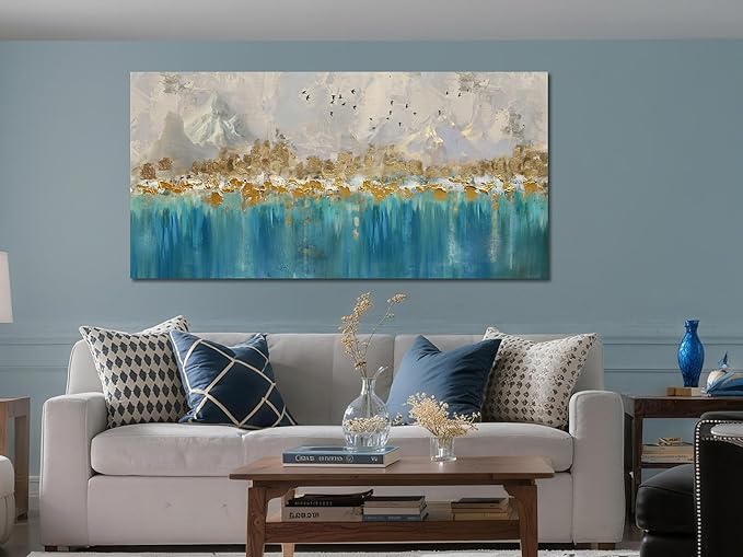 Arjun Teal Gold Abstract Wall Art Blue Turquoise Hand Painted Textured Painting Canvas Modern Grey Artwork Wooden Framed Large Size for Living Room Bedroom Bathroom Home Office Wall Decor, 40"x20"