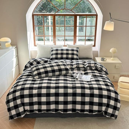 FACE TWO FACE Bedding Duvet Cover Set100% Washed Cotton Duvet Cover Linen Like Textured Breathable Durable Soft Comfy (California King, Black and White Grid)