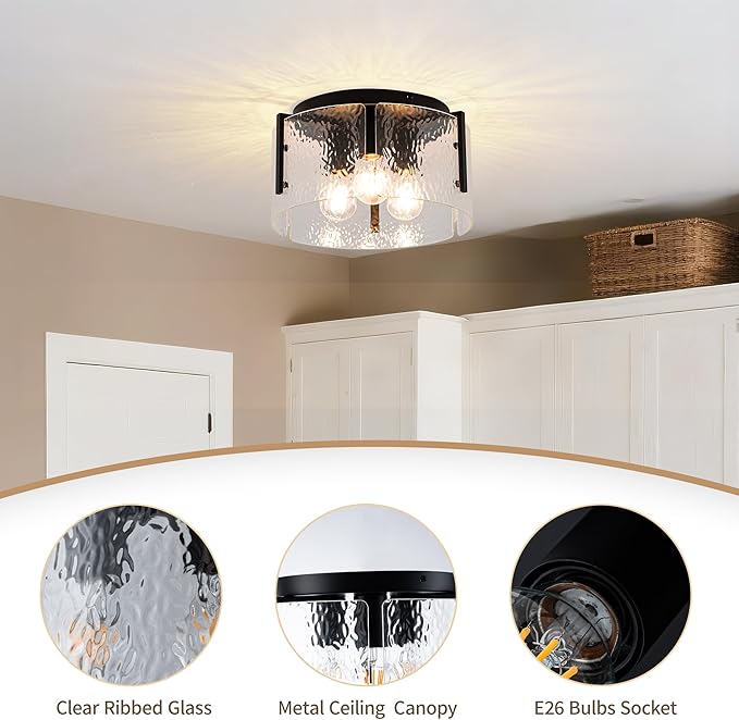 MAYNA Modern Black Semi Flush Mount Ceiling Light Fixture, 3-Light Hallway Light Fixtures Ceiling Mount, Dimmable Kitchen Lighting Fixtures Ceiling Lights for Bedroom Bathroom Dining Room Entryway