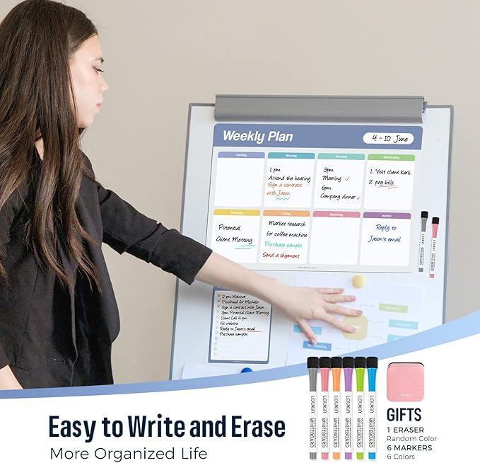 Loukin Dry Erase Calendar 4 Pack(Monthly+Weekly+Checklist+Mini Note), Electrostatic Adsorption Whiteboard Planners, Reusable Schedule for Office, Classroom, Refrigerator, 6Markers & 1Eraser Included