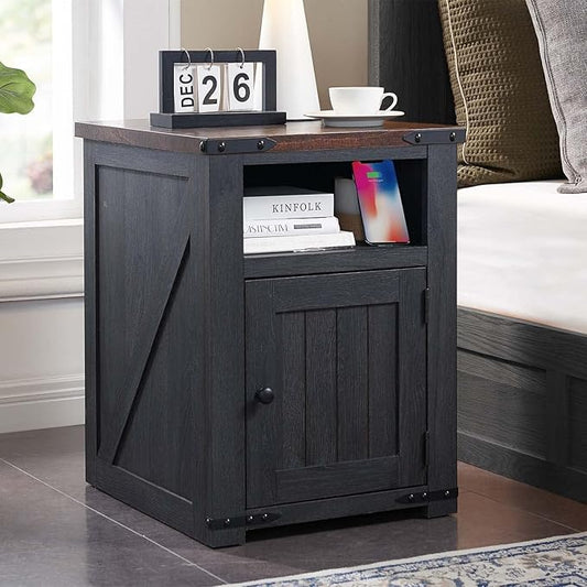 Farmhouse End Table with Charging Station, 20" Nightstand w/Groove Barn Door, Rustic Wood Bedside Table, Side Table with Storage w/Open & Adjustable Shelf for Bedroom, Living Room (Dark Grey)