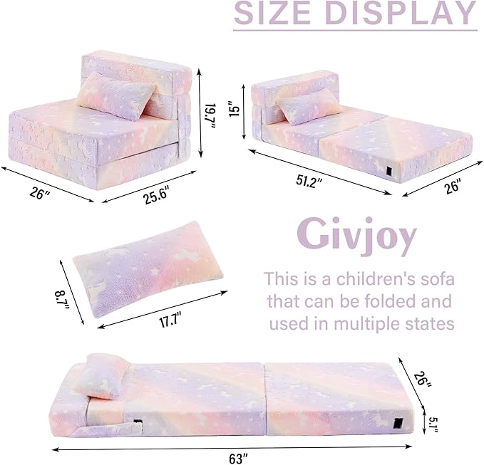 Folding Sofa Bed Floor Mattress for Kids with Pillow, Toddler Washable Folding Floor Nap Mat Futon, Child Fold Up Sofa Chair Bed with Storage Bag for Girls and Boys