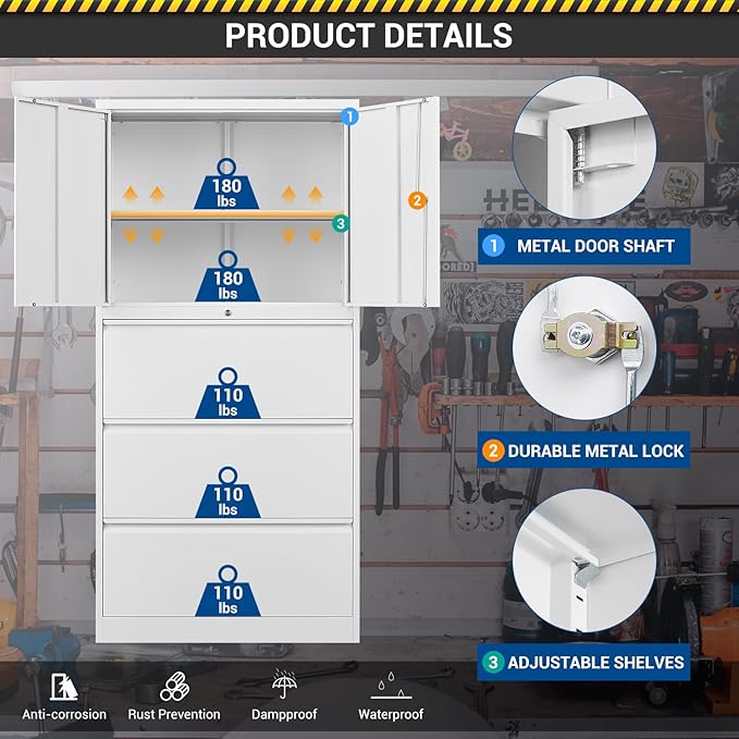 3 Drawers Metal Lateral File Cabinet with Lockable Drawer and Dorrs - White Large Steel Filing Cabinet for Home Office Hanging Files Letter/Legal/F4/A4 Size