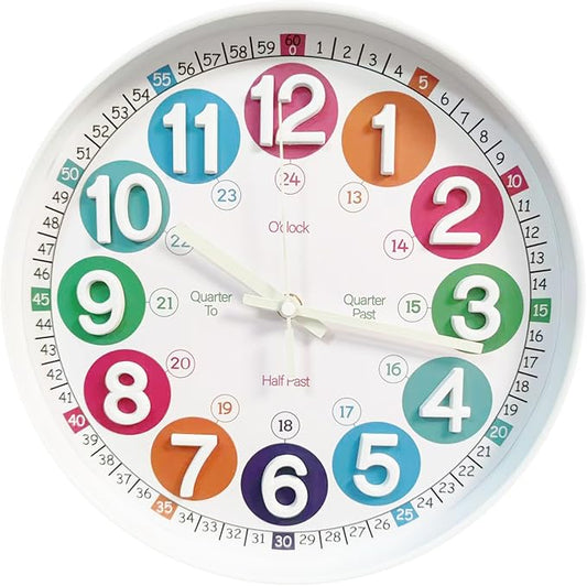 Learning Time Clock for Kids, 12 Inch 3D White Luminous Silent Wall Clock, Bedroom, Kitchen, Classroom, Decor at School, Clear Digital Clock for Kids Room