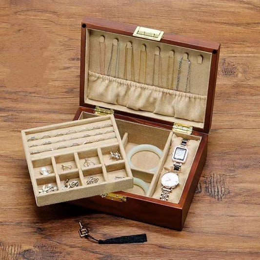 Bescott 2 Layer Solid Wooden Jewelry Box with Lock and Key for Women Men Vintage Velvet Wood Jewelry Organizer Storage for Earrings Rings Necklaces Bracelet Watch Mother’s Day Gift