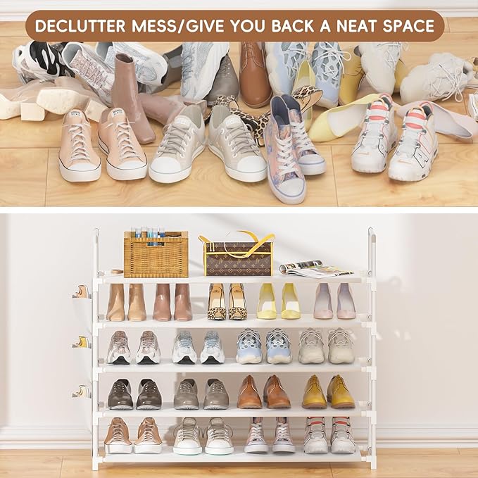 5 Tier Shoe Organizer, 33.3in Wide x 11.2in Deep x 35.6in Tall, Black Metal and Plastic Shoe Rack with Side Bag, Holds 20-25 Pairs of Shoes