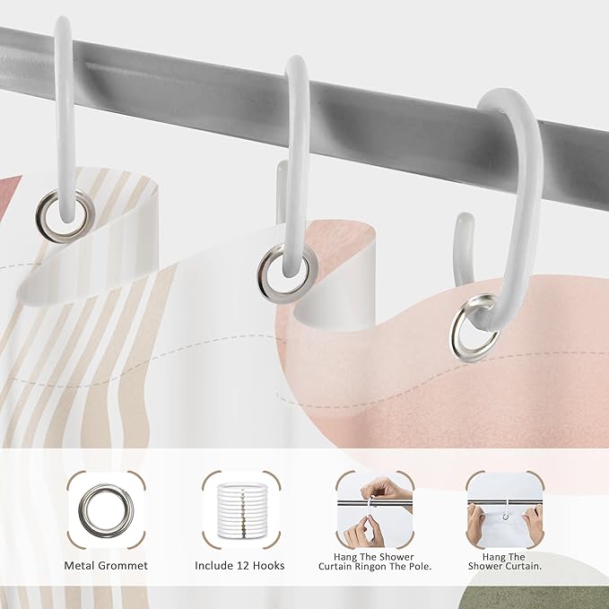 Glawry Pink Green Boho Shower Curtain Abstract Mid Century Tropical Leaves Modern Geometric Minimalist Arch Sun Bathroom Aesthetic 60Wx72L Inches Bath Accessories Art Home Decor Fabric 12 Pack Hooks