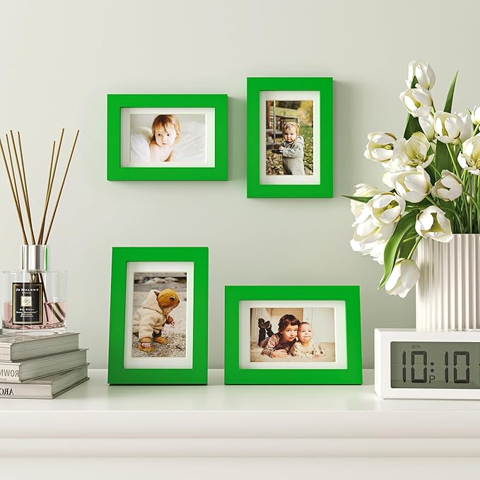 KINLINK 4x6 Picture Frame Grass Green, Solid Wood Frames with Acrylic Plexiglass for 3.5x5 with Mat or 4x6 without Mat, Tabletop and Wall Display Photo Frame, 4 Pack