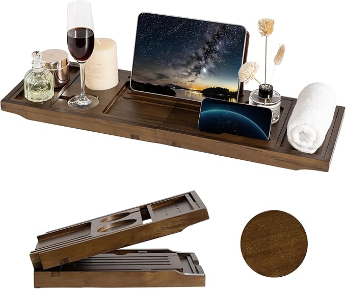 Teak Bathtub Tray Expandable Bathroom Tray for Home Spa Relaxation, Wooden Tray Caddy for Bathtub, Teak Bathtub Caddy as Unique Housewarming, Birthday, Wedding Shower Gifts (Dark Walnut)