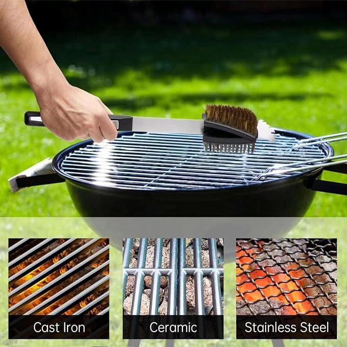 Double Sided Grill Cleaning Brush and Scraper, 16.5" BBQ Brush, Barbecue Cleaner with Stainless & Brass Bristles, Grilling Grate Cleaner, Safe Grill Accessories for Cast Iron/Stainless Steel Grate