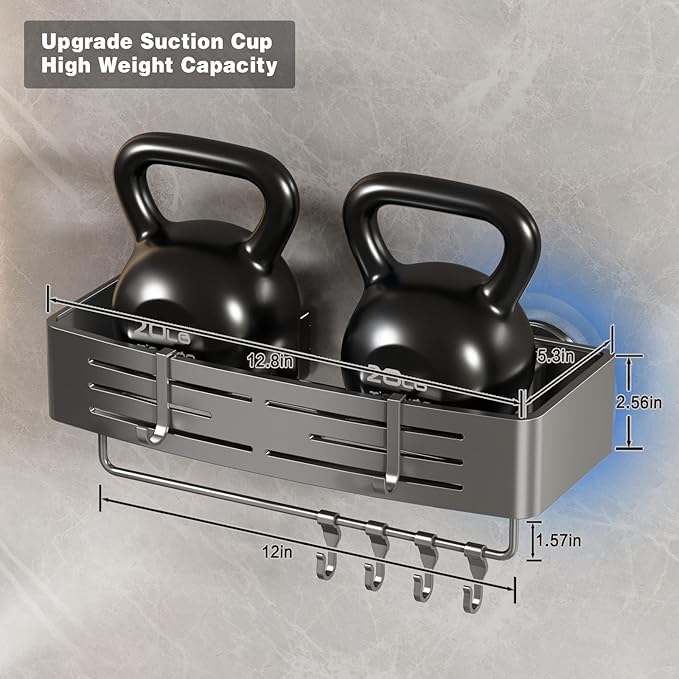 Voldra Shower Caddy Suction Cup, 1 Pack Shower Shelves for Inside Shower No Drilling, Aluminum Suction Showers Organizer with Towel Bar & Hooks Removable Bathroom Shelf Storage Rack(Gray)